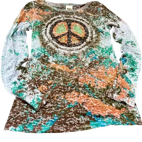 Crowns & Heart Peace Sign Bling Glitter Beaded Festival Long Sleeve Tie Dye LG - Picture 4 of 8